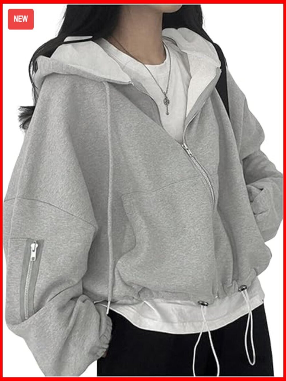 Zip Up Drawstring Hoodie Long Sleeve Drop Shoulder Loose Sweatshirt